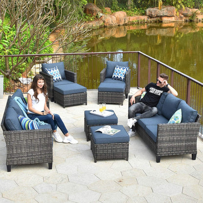 OVIOS Modern 8 PCS High Back Outdoor Furniture Set, Wicker & Steel, Grey-Denim Blue