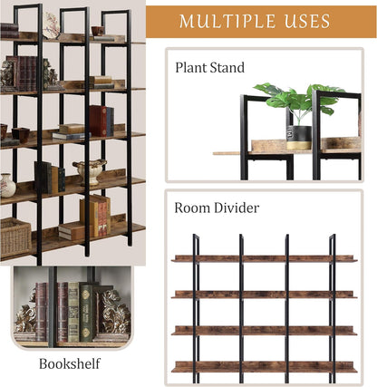 LiviNest 5-Tier Industrial Style Bookcase - Vintage Steel Standing Large Open Bookshelf - Display Shelves for Home Office Brown