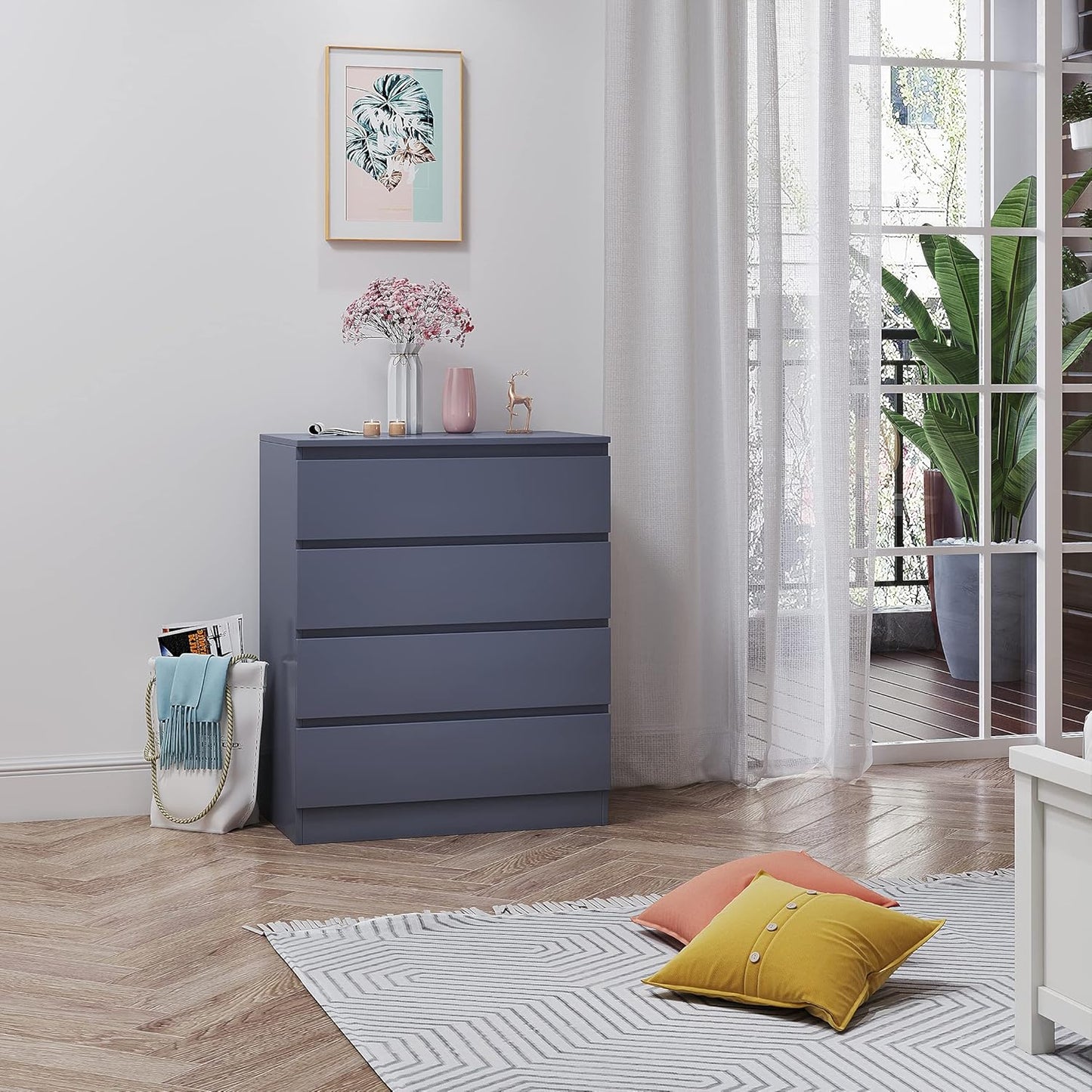 Panana Wooden 3/4/5/6 Chest Of Drawers with Metal Runner Modern Bedroom Bedside Storage Cabinet Unit for Hallway Living Room (Gray, 4 Drawer Chest)