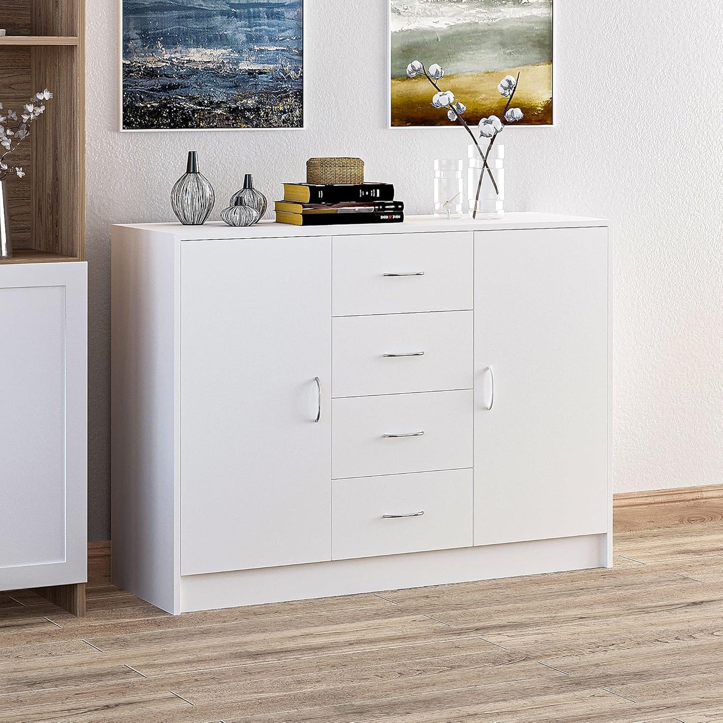 HOMCOM Sideboard, Storage Cabinet with 2 Doors and 4 Drawers, Free Standing Cupboard, Chest Organizer for Kitchen and Living Room, White