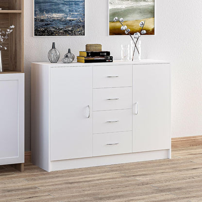 HOMCOM Sideboard, Storage Cabinet with 2 Doors and 4 Drawers, Free Standing Cupboard, Chest Organizer for Kitchen and Living Room, White