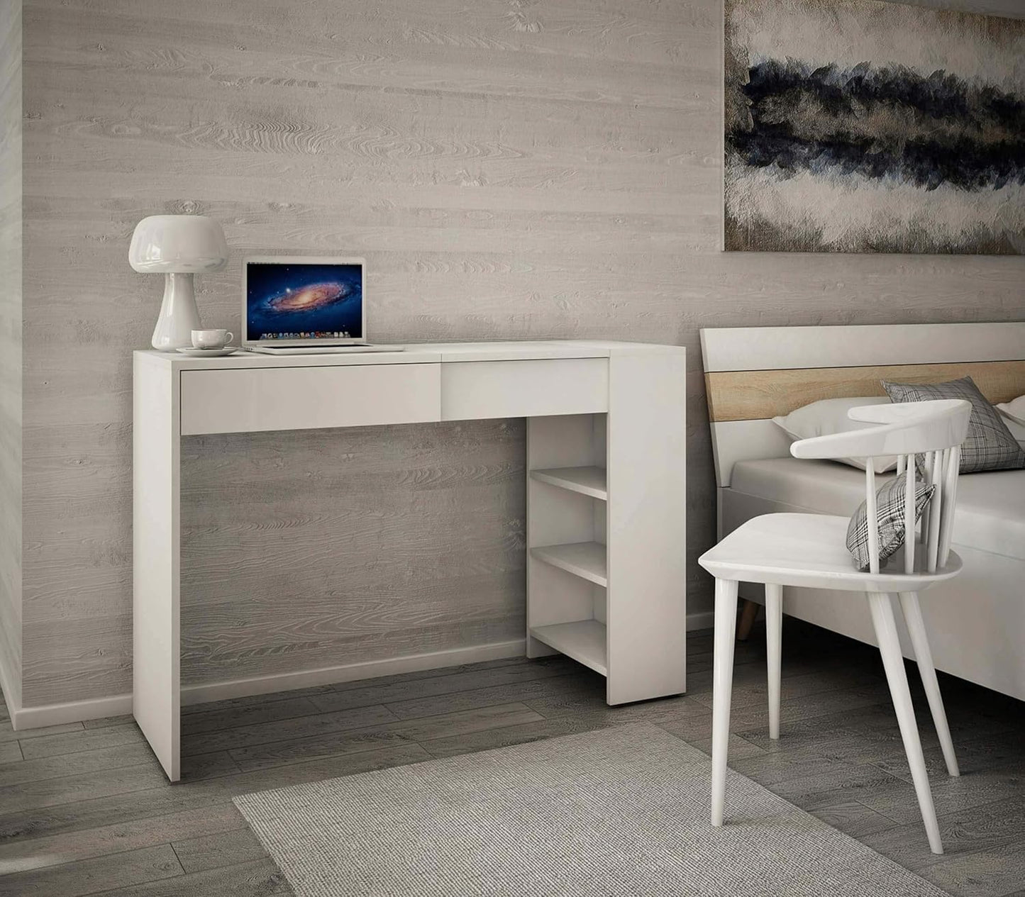 MATKAM Opera Maxi Schminktisch H 78 x B 114 x T 40 cm, mit ausklappbarem Spiegel H 21 x B 34 cm mit Ablage, 3 seitliche AblagefÃ¤cher, 1 Schublade, aus laminierter Holzspanplatte (WeiÃŸ)