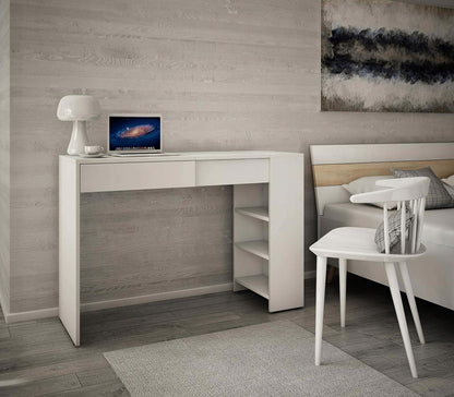 MATKAM Opera Maxi Schminktisch H 78 x B 114 x T 40 cm, mit ausklappbarem Spiegel H 21 x B 34 cm mit Ablage, 3 seitliche AblagefÃ¤cher, 1 Schublade, aus laminierter Holzspanplatte (WeiÃŸ)