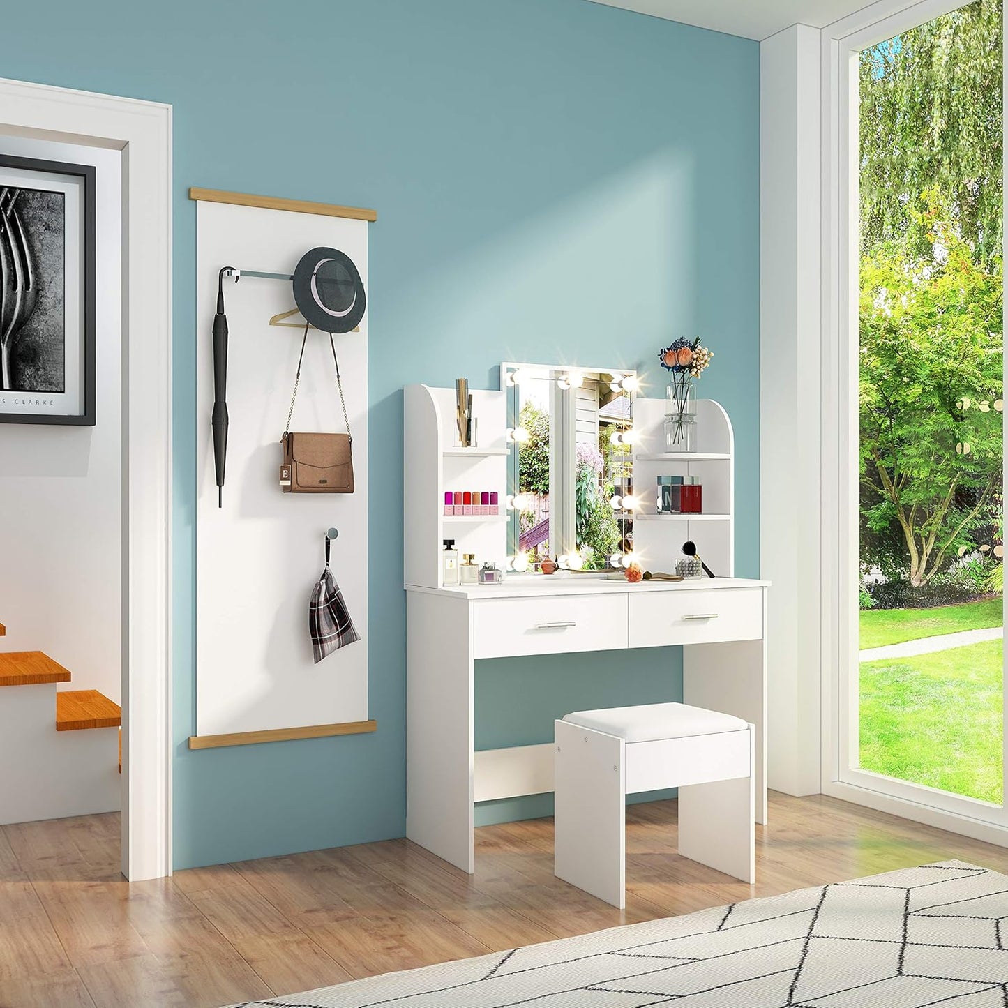 AWOOOD White Dressing Table,Dressing Tables with Lights & Mirror,Vanity Makeup Table Set with 2 Large Drawers & Stool for Girls