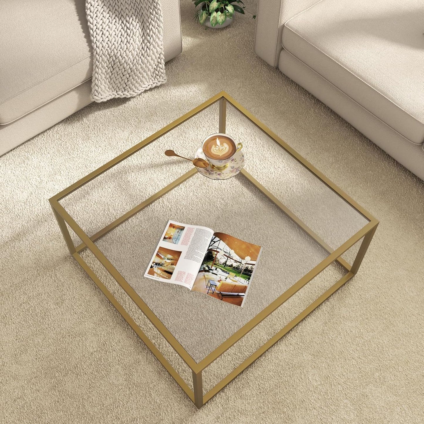 SAYGOER Gold Coffee Table Glass Modern Coffee Tables for Small Space Simple Square Center Table for Living Room Home Office 68 x 68 x 40cm, Easy Assembly