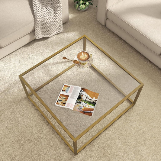 SAYGOER Gold Coffee Table Glass Modern Coffee Tables for Small Space Simple Square Center Table for Living Room Home Office 68 x 68 x 40cm, Easy Assembly