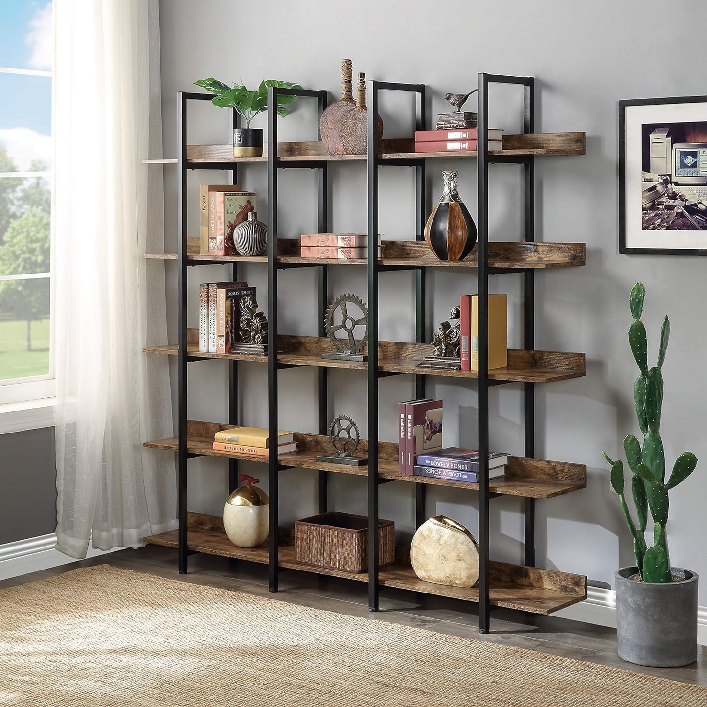 LiviNest 5-Tier Industrial Style Bookcase - Vintage Steel Standing Large Open Bookshelf - Display Shelves for Home Office Brown
