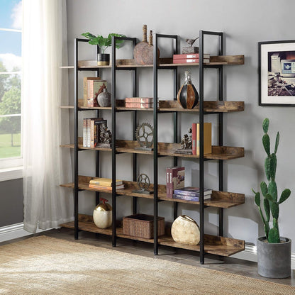 LiviNest 5-Tier Industrial Style Bookcase - Vintage Steel Standing Large Open Bookshelf - Display Shelves for Home Office Brown