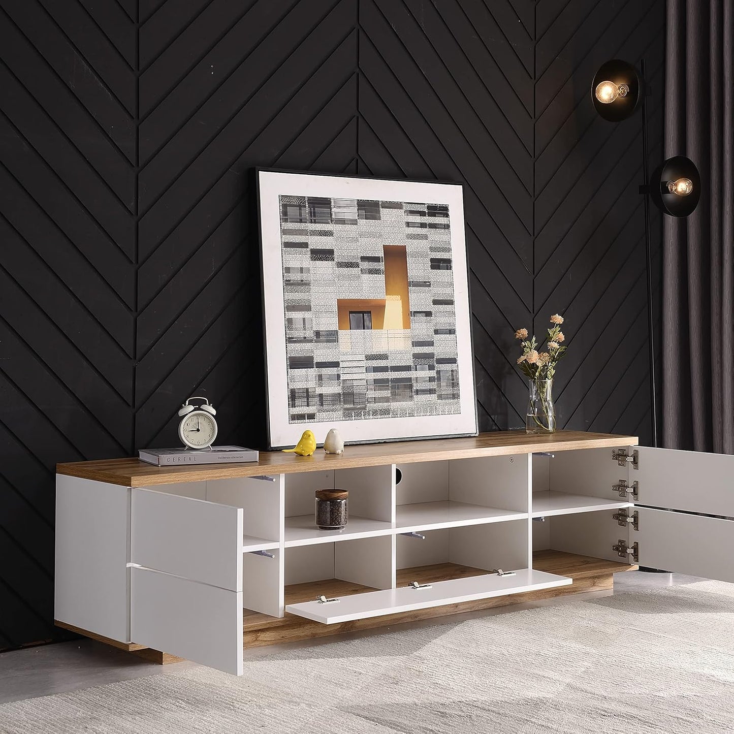 Merax Wood TV Stand Entertainment Center with Storage Cabinets & Open Shelves, Modern TV Console Table for TVs Up to 80” for Living Room Bedroom (White)