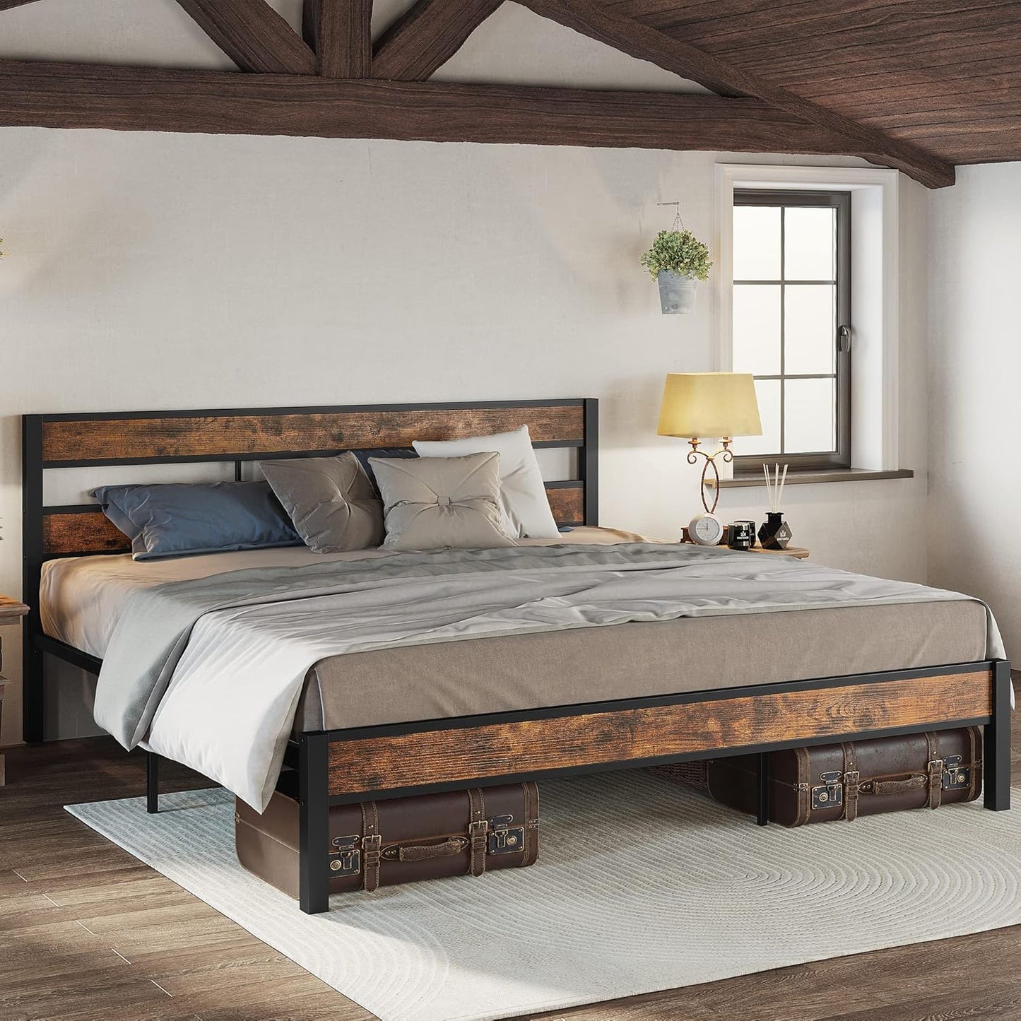 LIKIMIO King Bed Frame, Easy Assembly, Noise-Free, No Box Spring Needed, Heavy Strong Metal Support Frames, Double-Row Support Bars, Vintage Brown