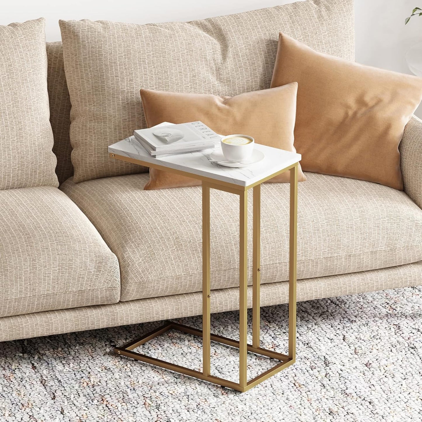Yusong C Shaped End Table, Couch Side Table That Slide Under Sofa Bed, Small Table for Small Spaces, Skinny Overbed Table, Coffee Drink Laptop Snack Table for Living Room, Gold and Marble White
