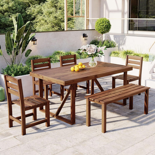 EOVTK 6-Piece Patio Wooden Dining Set with 59.8'' Rectangular Table, 4 Chair & Bench, Outdoor Conversation Furniture for Balcony, Vourtyard and Garden, Brown