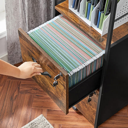 VASAGLE File Cabinet for Home Office, Filing Cabinet with 2 Drawers, Open Shelf, Steel Frame, A4 and Letter Sized Files, Printer Stand, Adjustable Feet, Industrial, Rustic Brown and Black UOFC045B01