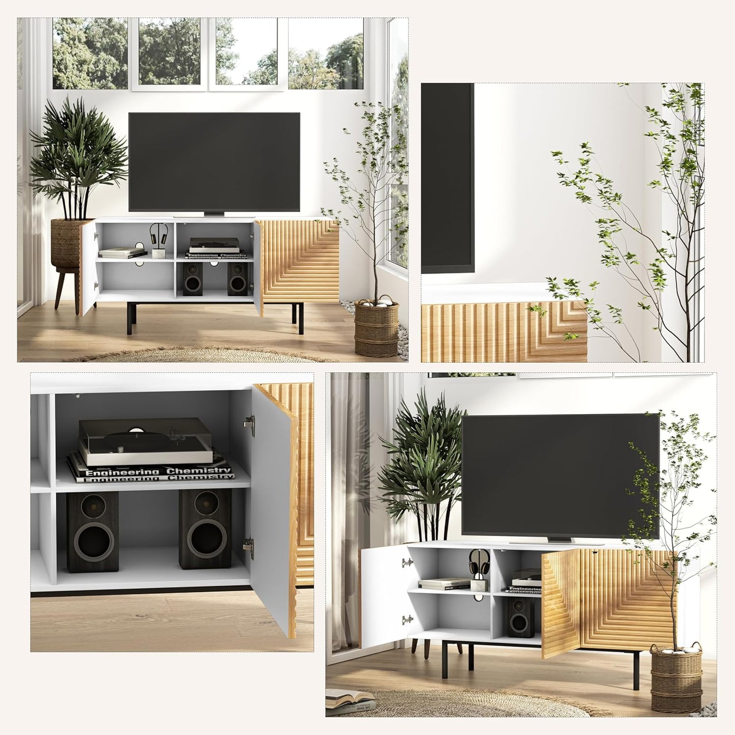 roomfitters Modern TV Cabinet, TV Unit for TVs up to 65”, Wood TV Stand Cabinet, Mid Century TV Media Units with Storage, TV Cupboard for Living Room, Wood Print Carved Geometric Design