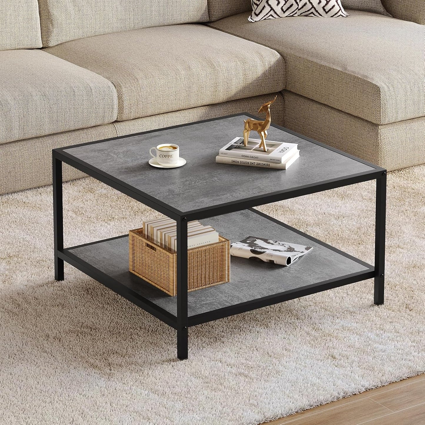 SAYGOER Coffee Table for Living Room, Square Modern Coffee Tables with Storage, 2 Tier Small Farmhouse Center Table for Office Apartment Home, Gray Wood Tabletop, Easy Assembly