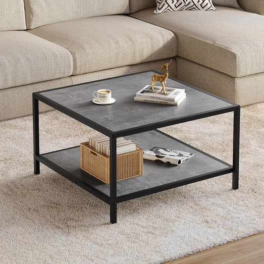 SAYGOER Coffee Table for Living Room, Square Modern Coffee Tables with Storage, 2 Tier Small Farmhouse Center Table for Office Apartment Home, Gray Wood Tabletop, Easy Assembly