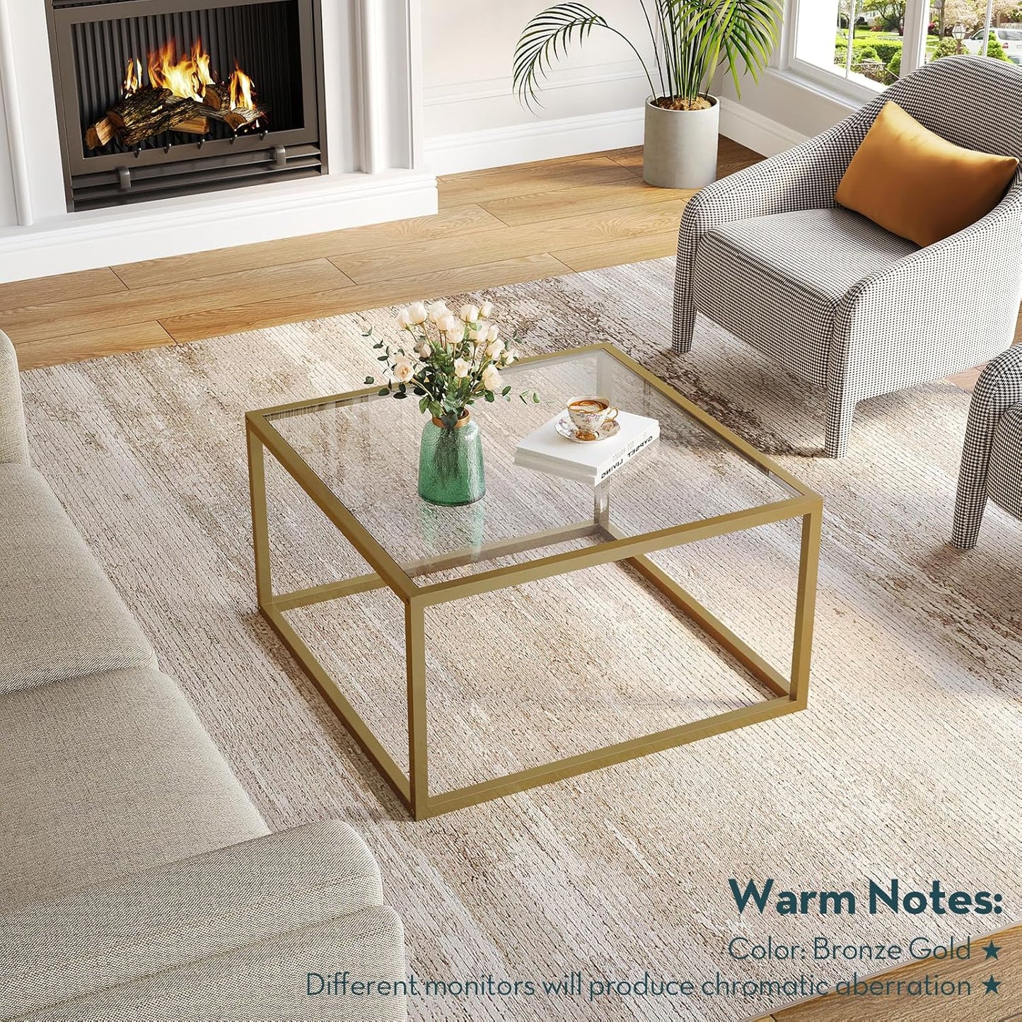 SAYGOER Gold Coffee Table Glass Modern Coffee Tables for Small Space Simple Square Center Table for Living Room Home Office 68 x 68 x 40cm, Easy Assembly