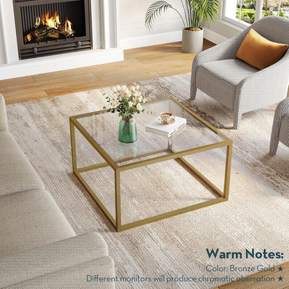 SAYGOER Gold Coffee Table Glass Modern Coffee Tables for Small Space Simple Square Center Table for Living Room Home Office 68 x 68 x 40cm, Easy Assembly