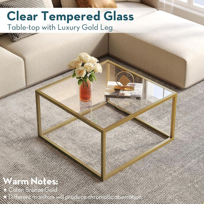 SAYGOER Gold Coffee Table Glass Modern Coffee Tables for Small Space Simple Square Center Table for Living Room Home Office 68 x 68 x 40cm, Easy Assembly