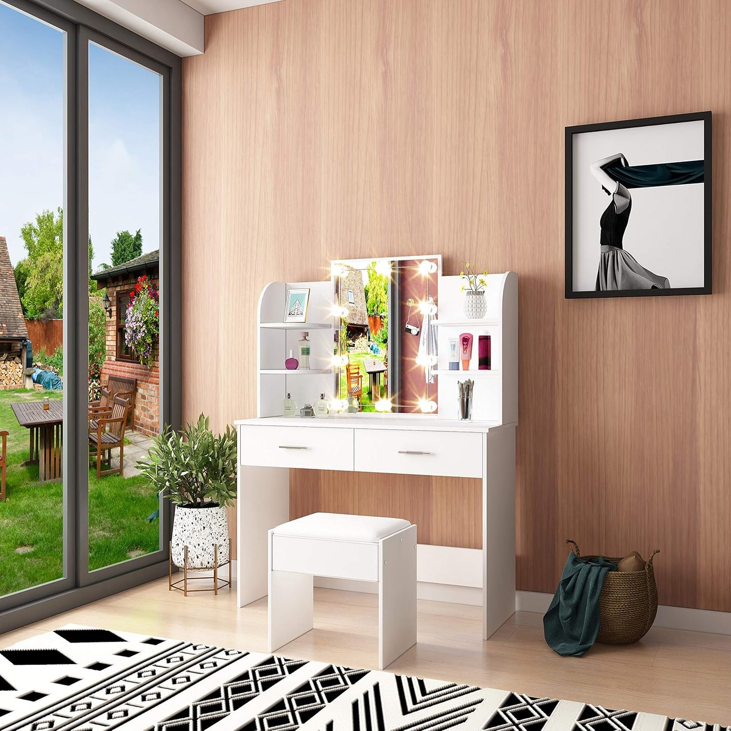 AWOOOD White Dressing Table,Dressing Tables with Lights & Mirror,Vanity Makeup Table Set with 2 Large Drawers & Stool for Girls