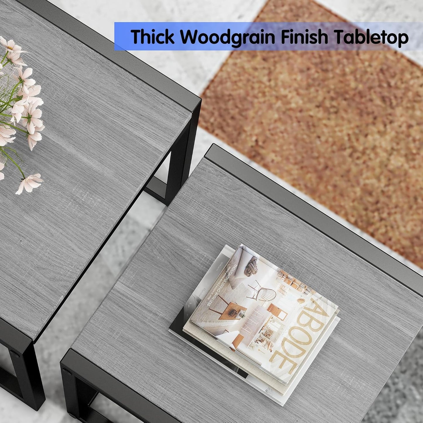 HAHRIR Nesting Table Set of 3 Side Tables, Modern Coffee Table Stacking End Table with Metal Frame (A-Square, Grey)