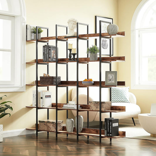 LiviNest 5-Tier Industrial Style Bookcase - Vintage Steel Standing Large Open Bookshelf - Display Shelves for Home Office Brown