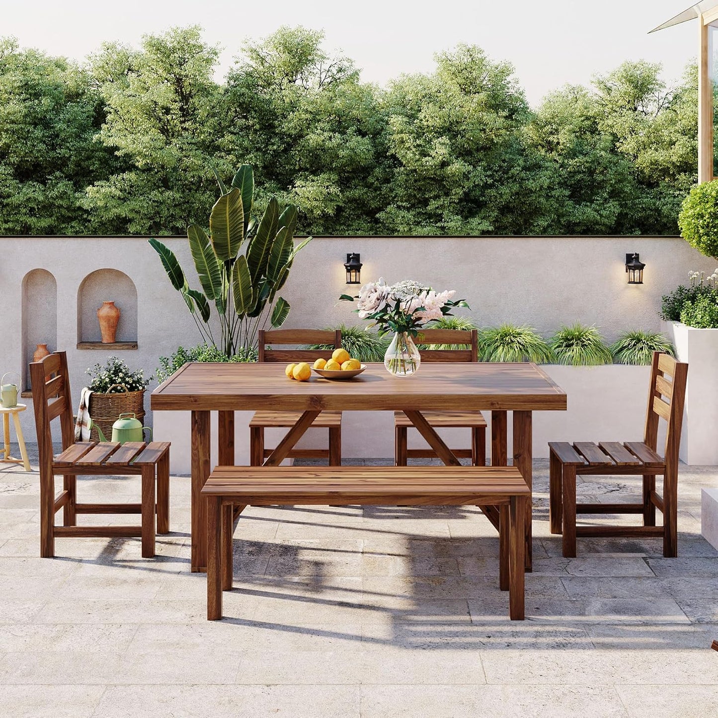 EOVTK 6-Piece Patio Wooden Dining Set with 59.8'' Rectangular Table, 4 Chair & Bench, Outdoor Conversation Furniture for Balcony, Vourtyard and Garden, Brown
