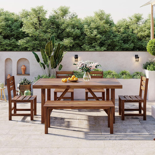 EOVTK 6-Piece Patio Wooden Dining Set with 59.8'' Rectangular Table, 4 Chair & Bench, Outdoor Conversation Furniture for Balcony, Vourtyard and Garden, Brown