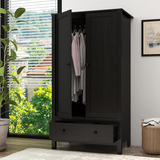 Panana 2 Door Wardrobe, Armoire with Drawer for Bedroom (Black)
