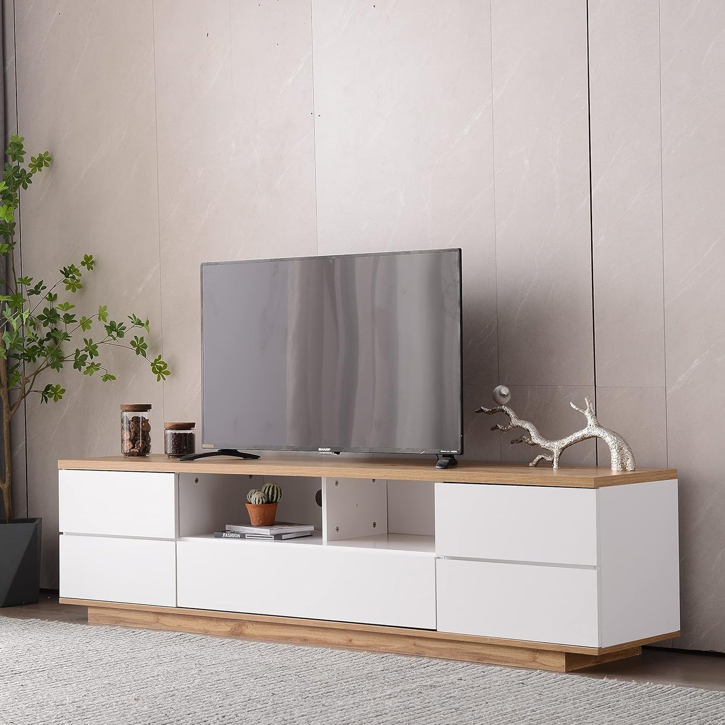 Merax Wood TV Stand Entertainment Center with Storage Cabinets & Open Shelves, Modern TV Console Table for TVs Up to 80” for Living Room Bedroom (White)