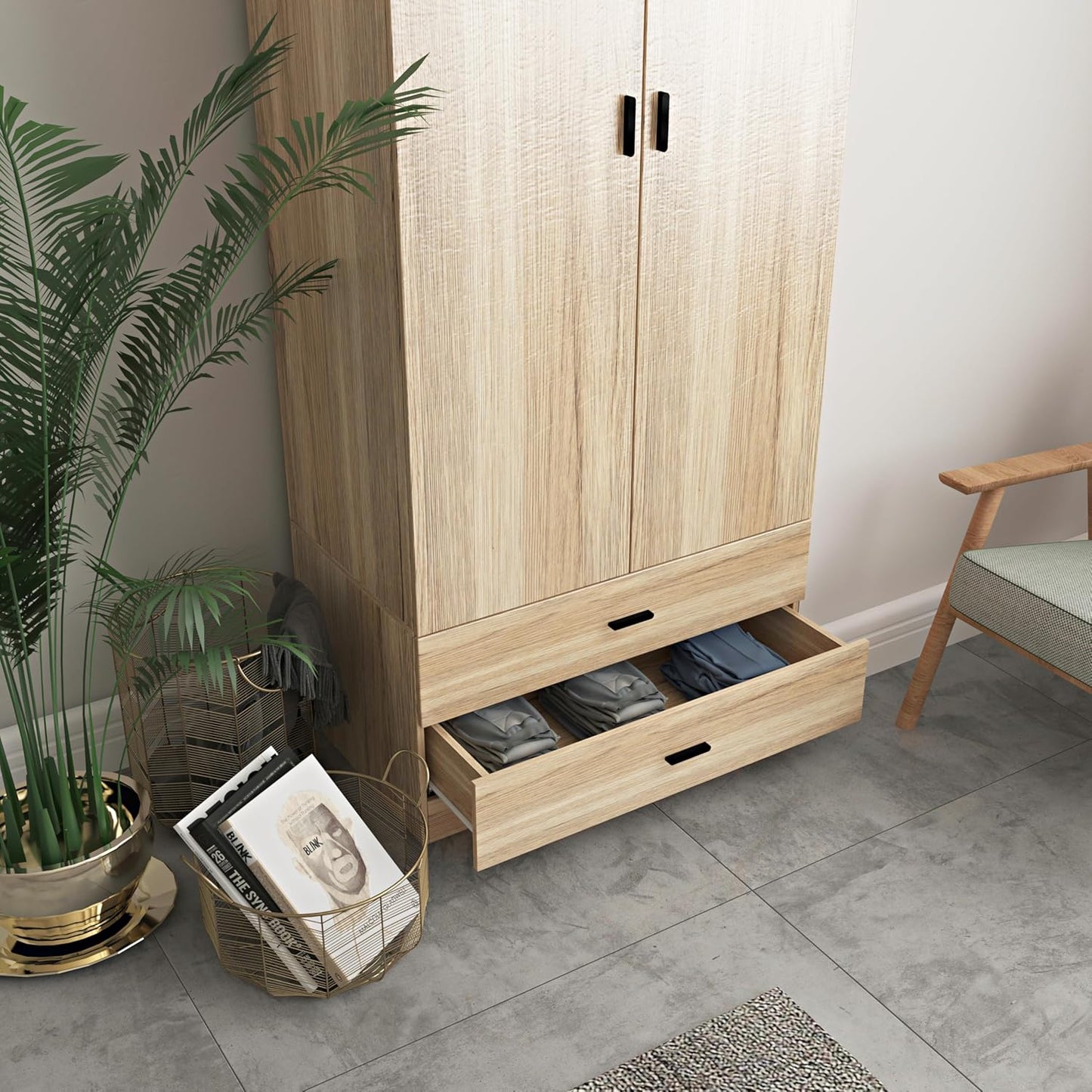 URBNLIVING Tall Wooden 2 Door Oak Wardrobe With 2 Drawers Bedroom Storage Hanging Bar Clothes (Oak Carcass + Oak Drawers)