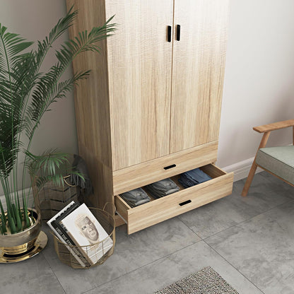 URBNLIVING Tall Wooden 2 Door Oak Wardrobe With 2 Drawers Bedroom Storage Hanging Bar Clothes (Oak Carcass + Oak Drawers)