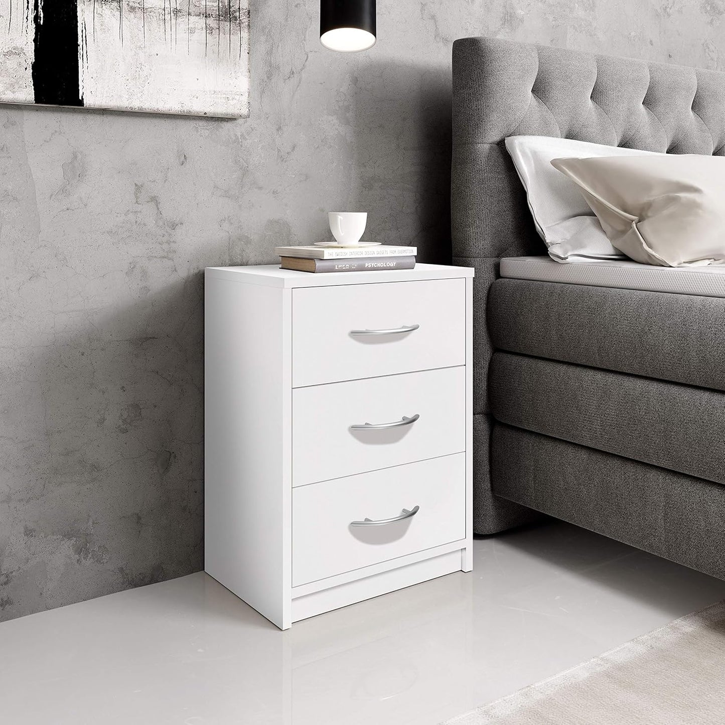 Stella Trading PEPE Bedside Table White - Simple Bedside Cabinet with Three Drawers Suitable for Any Bed & Bedroom - 39 x 54 x 28 cm (W x H x D)