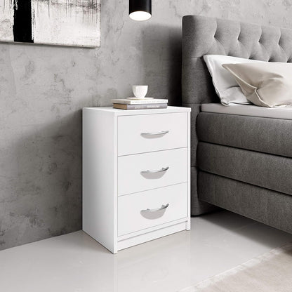 Stella Trading PEPE Bedside Table White - Simple Bedside Cabinet with Three Drawers Suitable for Any Bed & Bedroom - 39 x 54 x 28 cm (W x H x D)