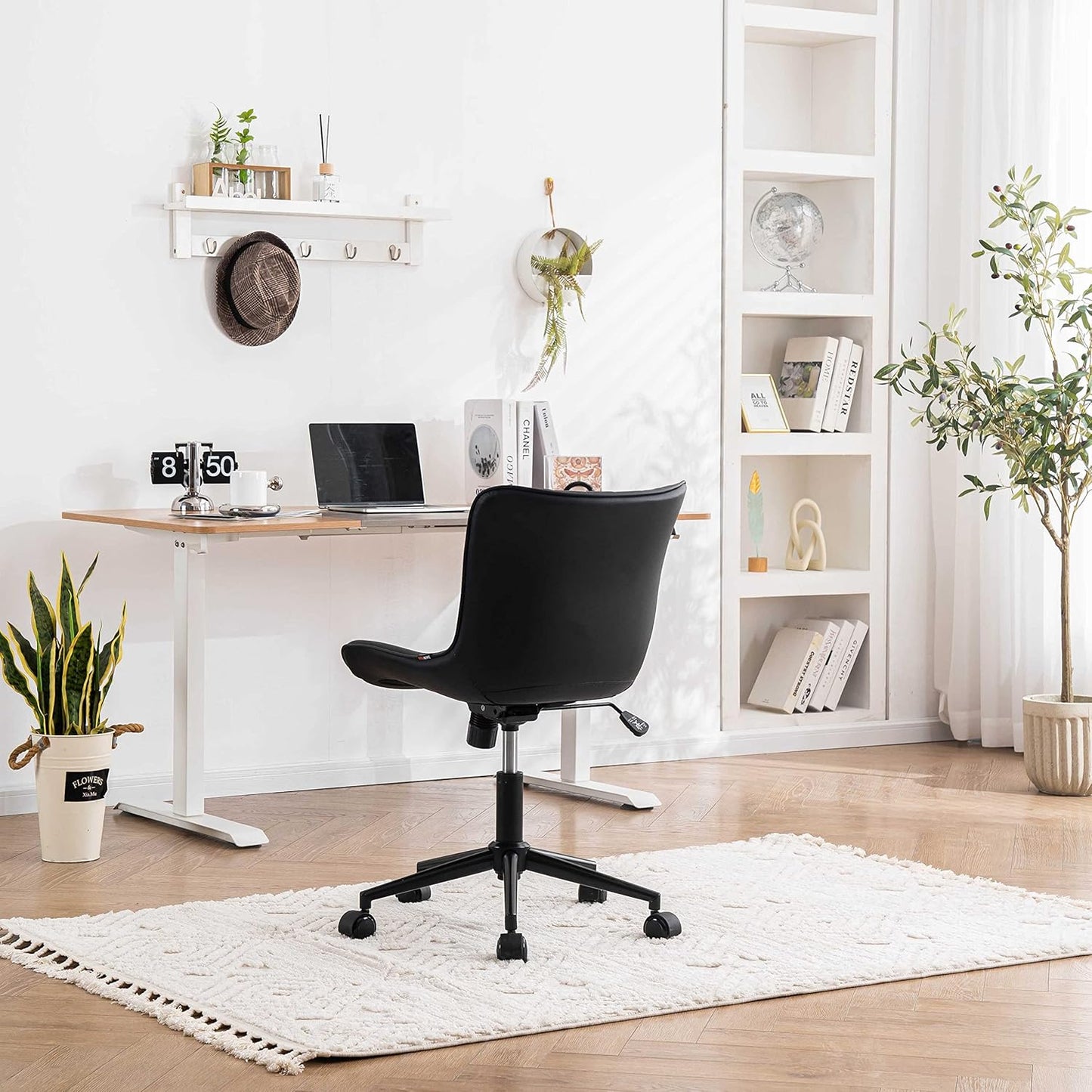 YOUNIKE Modern Black Office Chair, Ergonomic High Back Swivel Task Chair with Height Adjustment, Faux Leather, 300 lbs Capacity