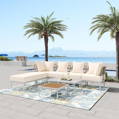 Ampela 8-Piece Sectional Sofa Tempered Wooden & Glass 2 Coffee Table/2 Single Ottomans/2 Corner Chairs,All-Weather Conversation Set for Outdoor Oasis,Garden,Patio,Poolside,Beige
