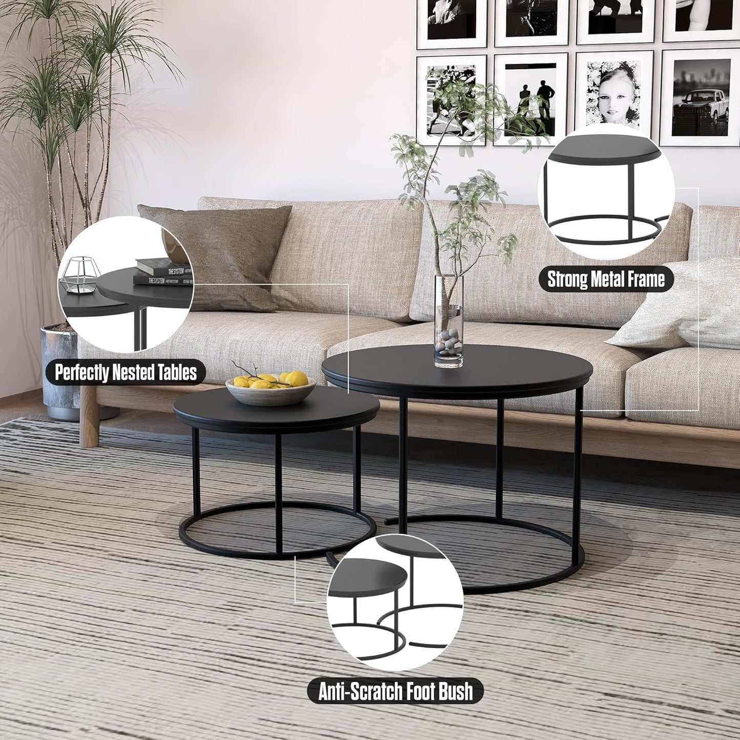 RIGID Nesting Tables Set of 2 Wood Coffee Table Round, Farmhouse End Tables for Living Room, Small Couch Tea Table, Industrial Stacking Side Tables with Sturdy Steel Metal Frame