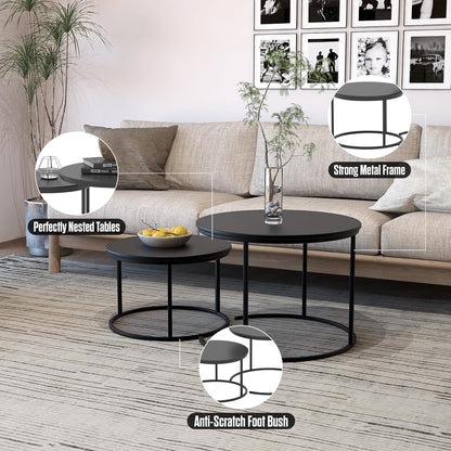 RIGID Nesting Tables Set of 2 Wood Coffee Table Round, Farmhouse End Tables for Living Room, Small Couch Tea Table, Industrial Stacking Side Tables with Sturdy Steel Metal Frame