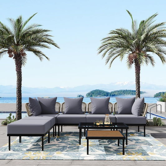 Ampela 8-Piece Patio Sectional Sofa Tempered Wooden & Glass 2 Coffee Table/2 Single Chairs/2 Ottomans/2 Corner Chairs,All-Weather Conversation Set for Outdoor Oasis,Garden,Patio,Poolside,Light Grey