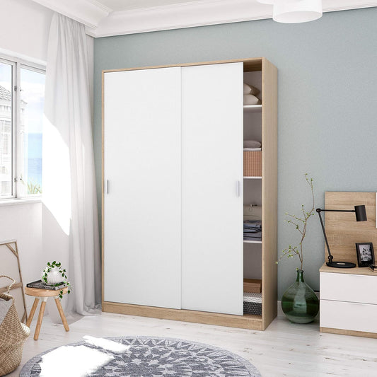 Dmora Wardrobe with Two Sliding Doors and Three Shelves, Oak and Glossy White, cm 120 x 50 x h200, Length 120 cm