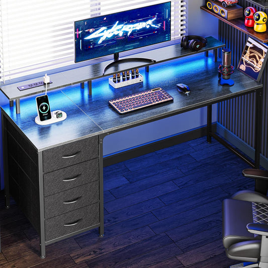 Huuger 63 Inch Computer Desk with Power Outlets and LED Lights, Gaming Desk with 4 Drawers, Office Desk with Monitor Stand, Study Desk Work Desk for Home Office, Black