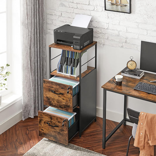VASAGLE File Cabinet for Home Office, Filing Cabinet with 2 Drawers, Open Shelf, Steel Frame, A4 and Letter Sized Files, Printer Stand, Adjustable Feet, Industrial, Rustic Brown and Black UOFC045B01