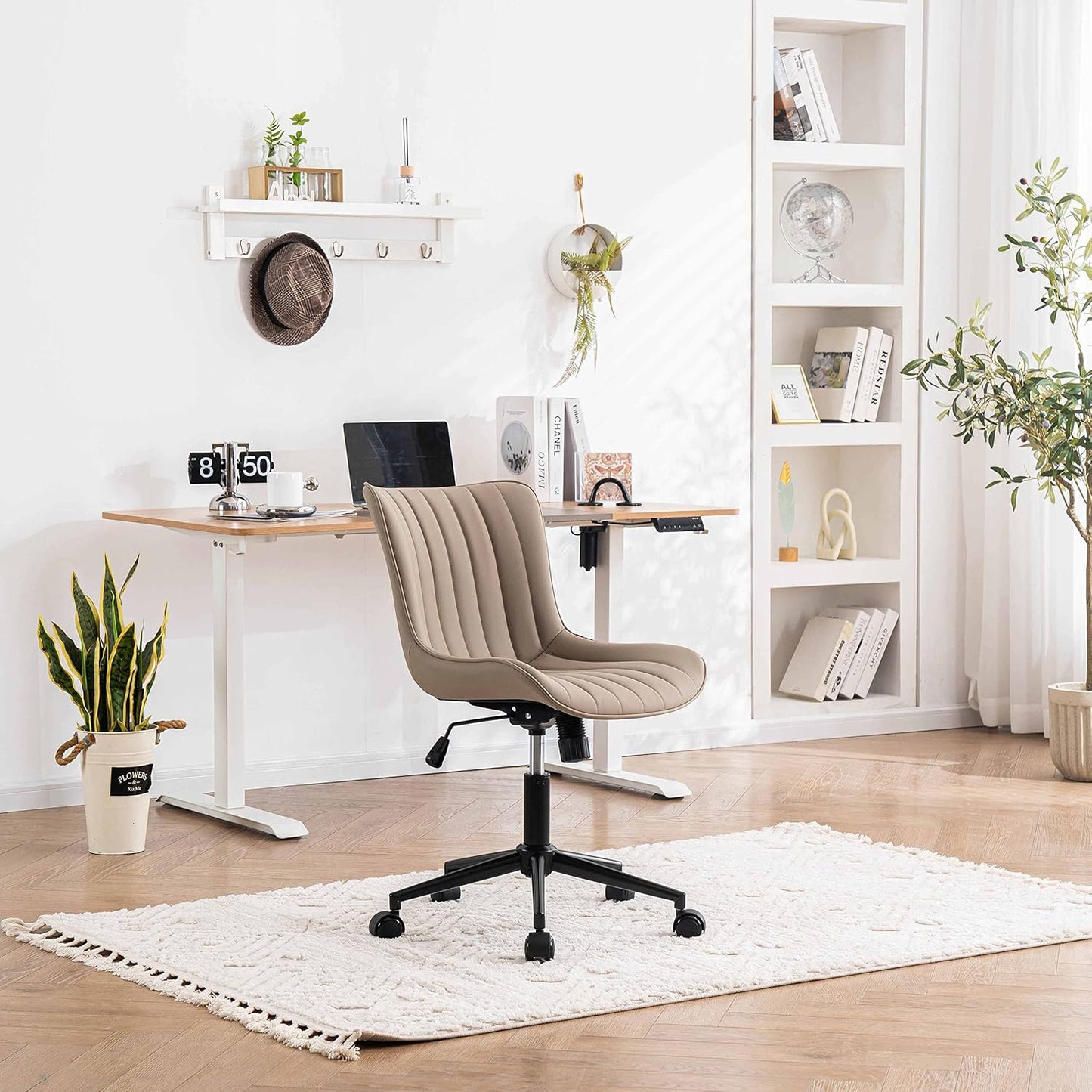 YOUNIKE Modern Office Chair Desk Chair for Home Office, Leather Padded Seat Adjustable Height Computer Chair for Compact Space, Small Swivel Task Chair with Rocking Mid Back, Khaki
