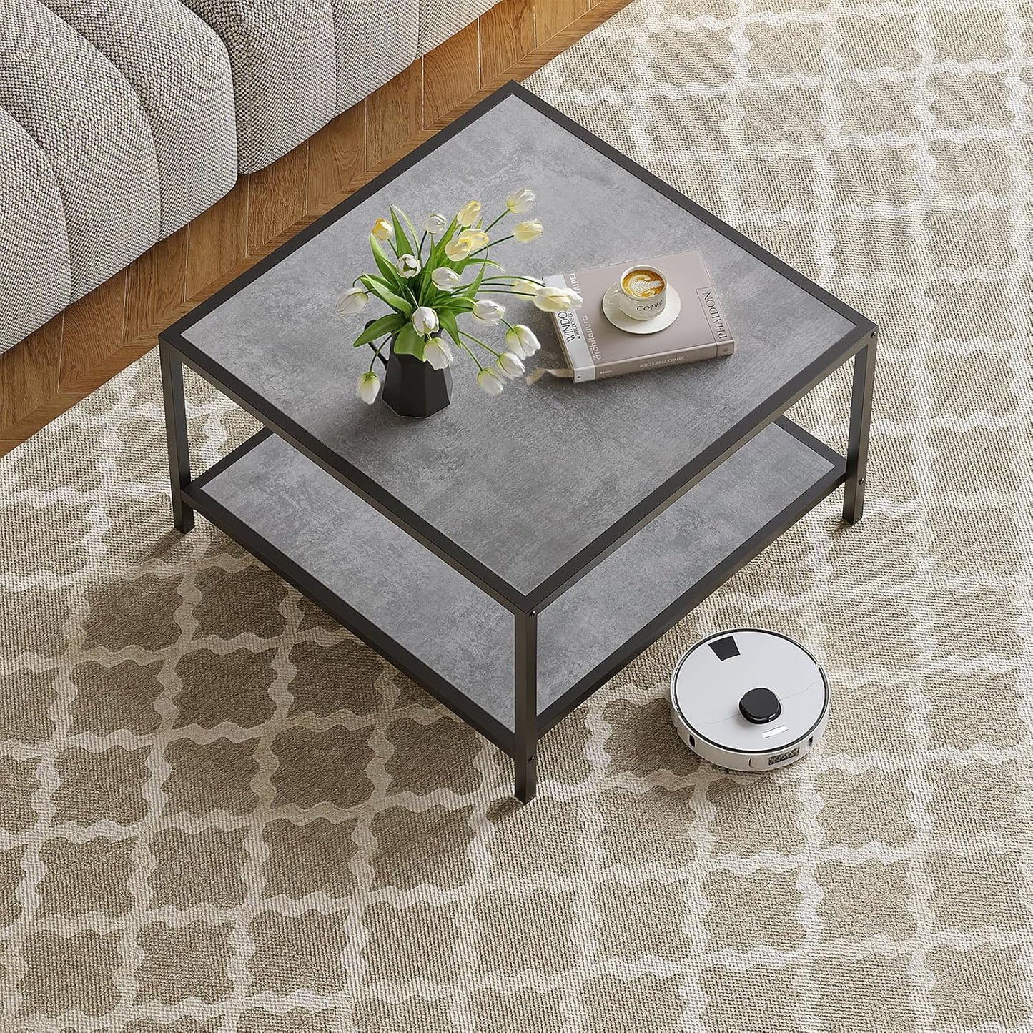 SAYGOER Coffee Table for Living Room, Square Modern Coffee Tables with Storage, 2 Tier Small Farmhouse Center Table for Office Apartment Home, Gray Wood Tabletop, Easy Assembly