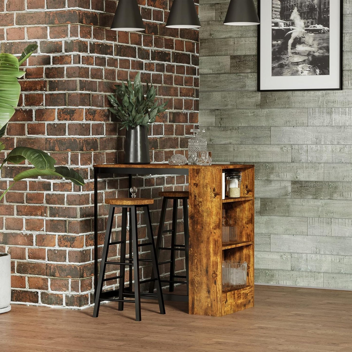 HOMCOM 3 Piece Industrial Style Bar Table Set, Pub Dining Table Set Bar Height Table and 2 Stools with Storage Shelf for Kitchen, Living Room, Coffe Shop, Rustic Brown