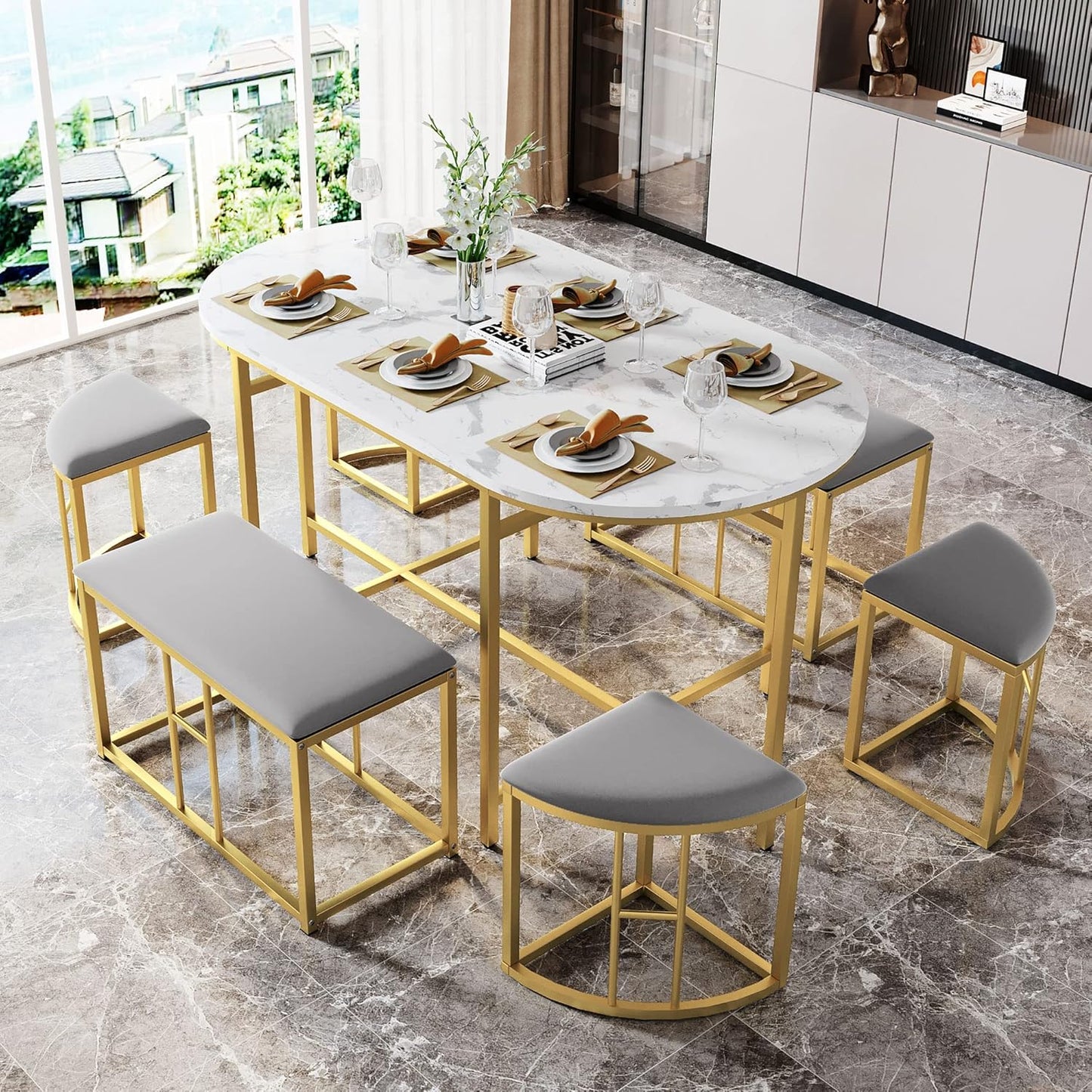 Moimhear Dining Set (Set with Dining Table, 4 Small Stools and 2 Large Stools), Kitchen Dining Table Set Made of Steel Frame, 140 x 70 x 76 cm, Maximum Load 120 kg (White and Gold)