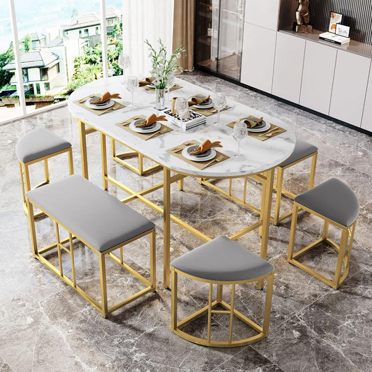 Moimhear Dining Set (Set with Dining Table, 4 Small Stools and 2 Large Stools), Kitchen Dining Table Set Made of Steel Frame, 140 x 70 x 76 cm, Maximum Load 120 kg (White and Gold)