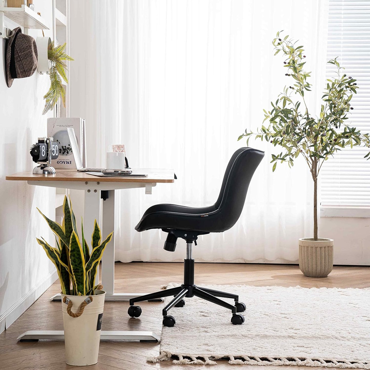 YOUNIKE Modern Black Office Chair, Ergonomic High Back Swivel Task Chair with Height Adjustment, Faux Leather, 300 lbs Capacity