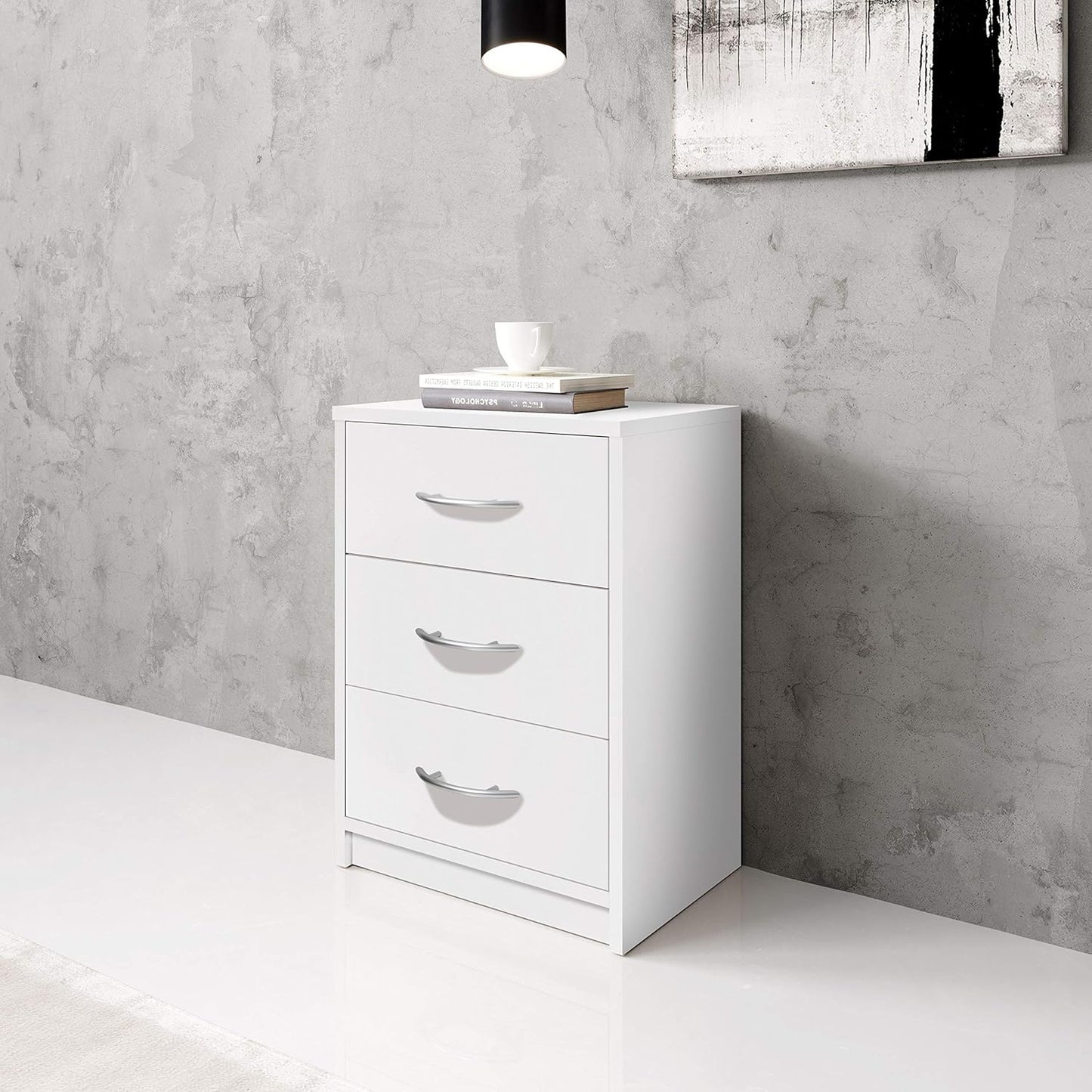 Stella Trading PEPE Bedside Table White - Simple Bedside Cabinet with Three Drawers Suitable for Any Bed & Bedroom - 39 x 54 x 28 cm (W x H x D)