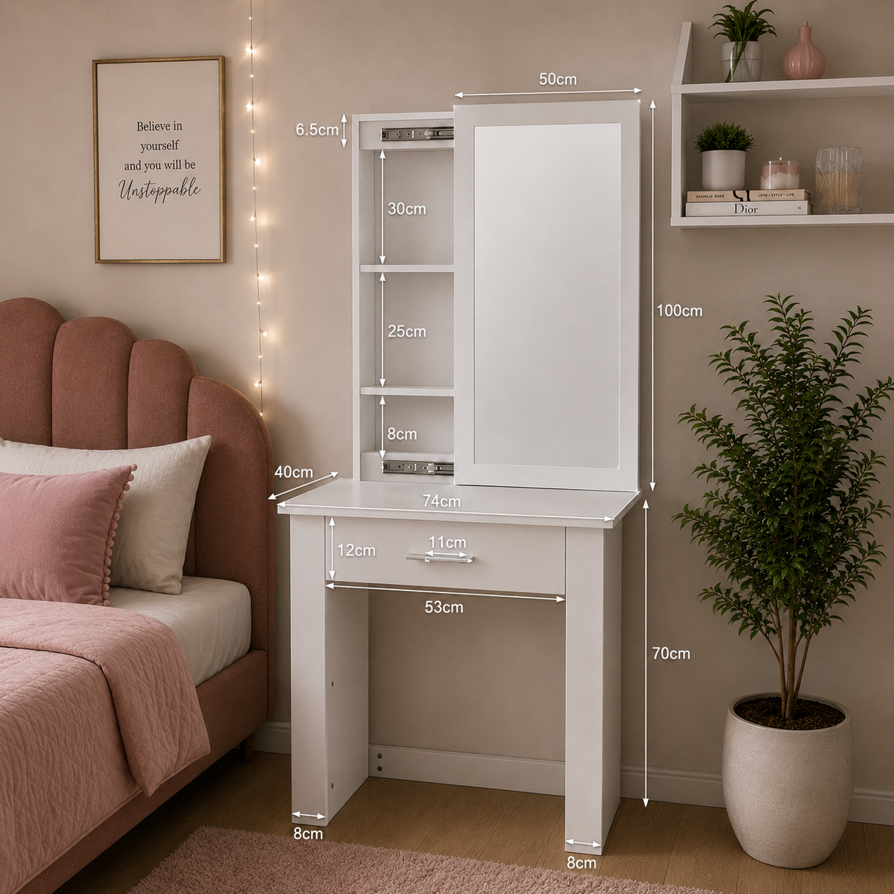 Panana Modern Girls Bedroom Dressing Table Sliding Mirrored Door